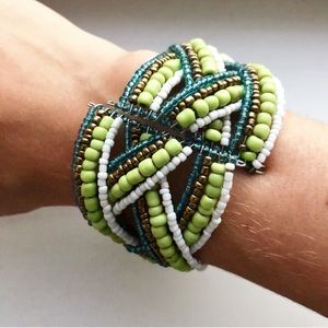 Boho green & blue braided beads cuff bracelet